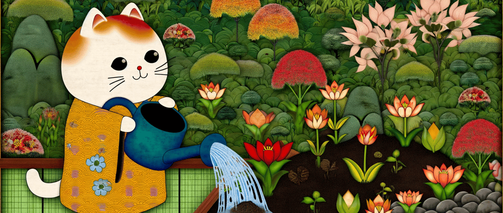 a cat sitting on a bench with a watering hose