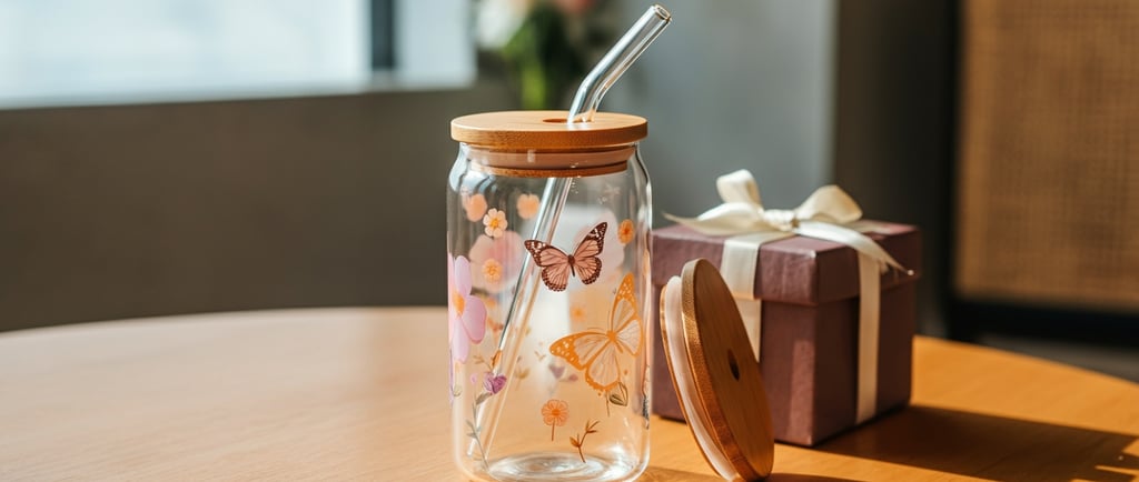 A glass tumbler with a straw and a straw in it