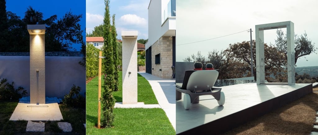 doccia moderna con rivestimento naturale per piscina e giardino