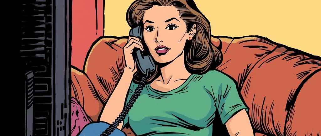 An expressive woman is sitting on the couch doing everyday life. She gets a call but will she respond?