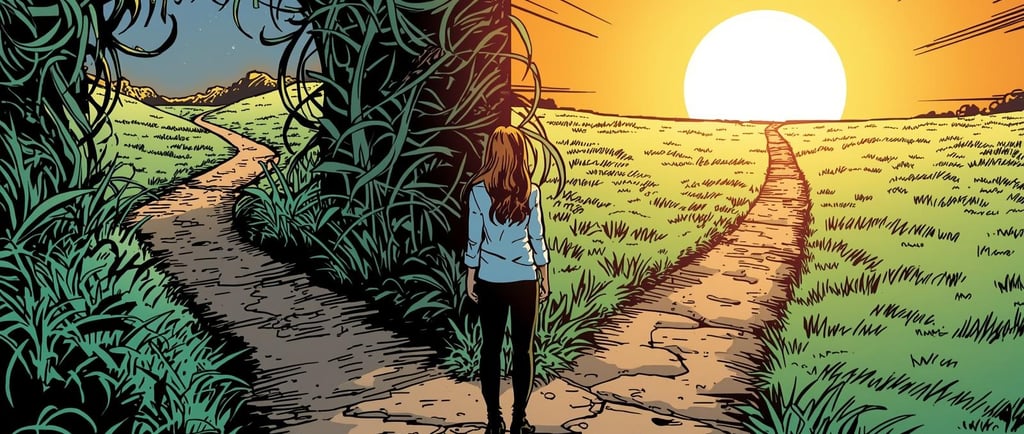 A dynamic comic book illustration depicts a woman standing at a metaphorical crossroads. To her left, an overgrown, winding p