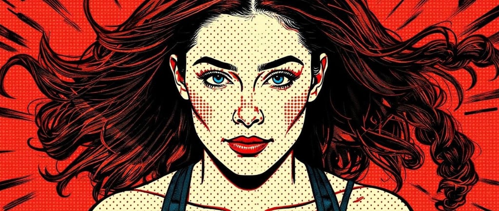 A dynamic portrait of April Nicole, depicted with an expression of unwavering determination, set against a stylized, energeti