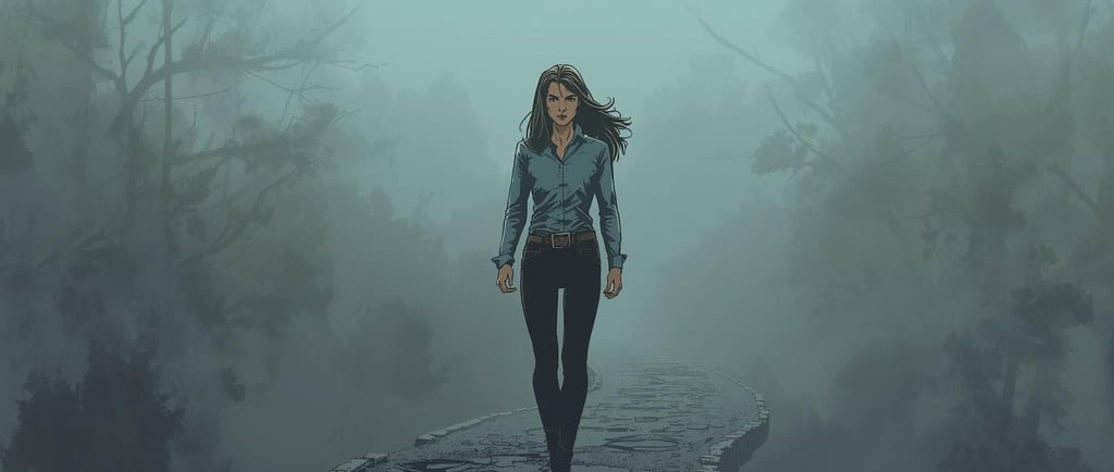 A comic book themed illustration of a woman with determined expression, standing on a winding path shrouded in a de