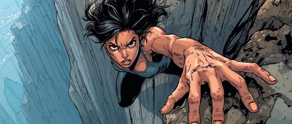 Comic book woman hanging on the edge of a cliff. Symbolic of a woman letting go of what is not serving her.