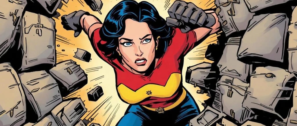 Comic book woman breaking through the obstacles in her way