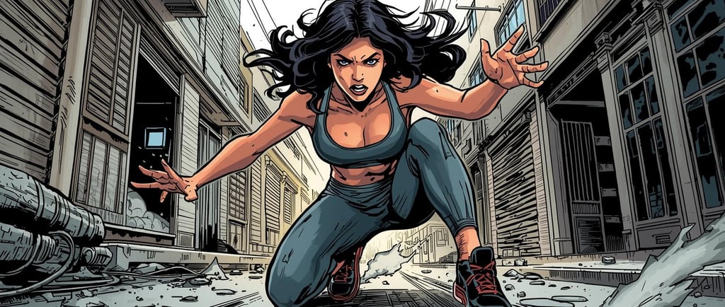 Comic book style illustration of a determined Arabic woman with flowing dark hair, dressed in practical, athletic attire, ris