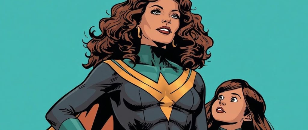 A vibrant comic book-style illustration featuring a confident hero woman with curly, wavy brown hair. She wears a s