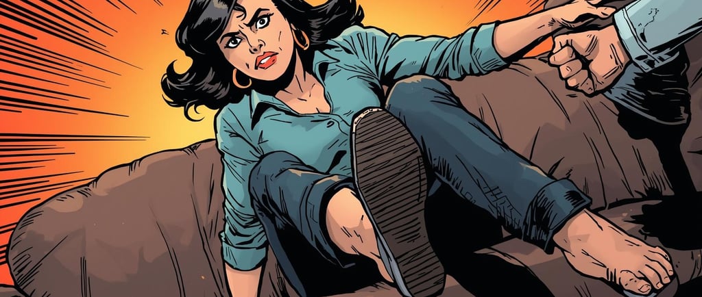 A determined woman in a dynamic comic book art style is planting her feet firmly on a plush couch, her body angled to resist 