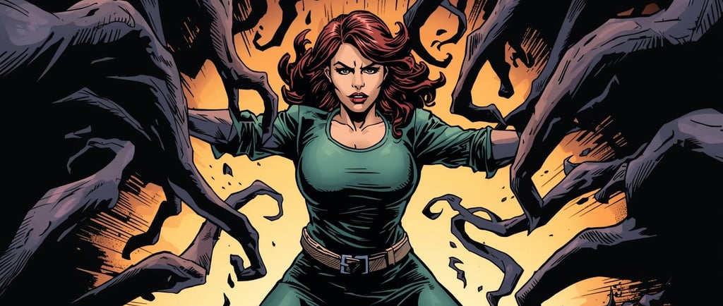 A determined comic book woman with strong posture, depicted in a dynamic illustration style, stands her ground against abstra