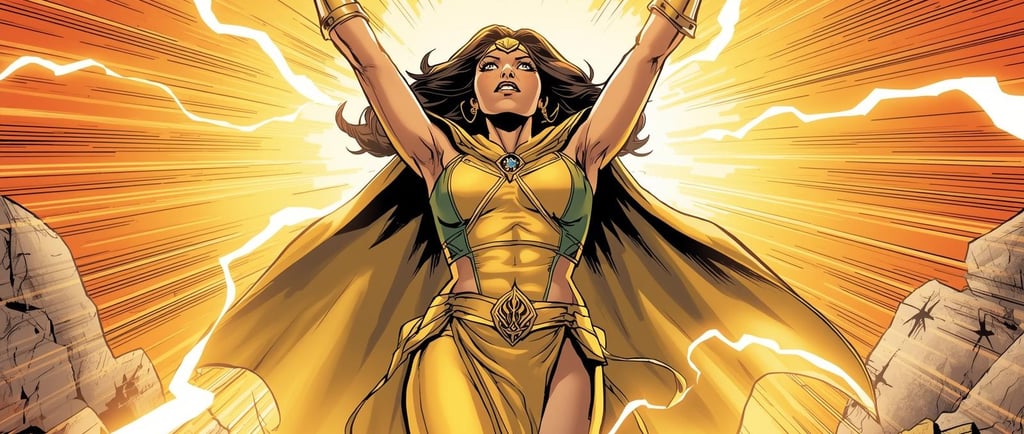 A powerful comic book female Arabic hero with determination in her eyes, rising dramatically from th
