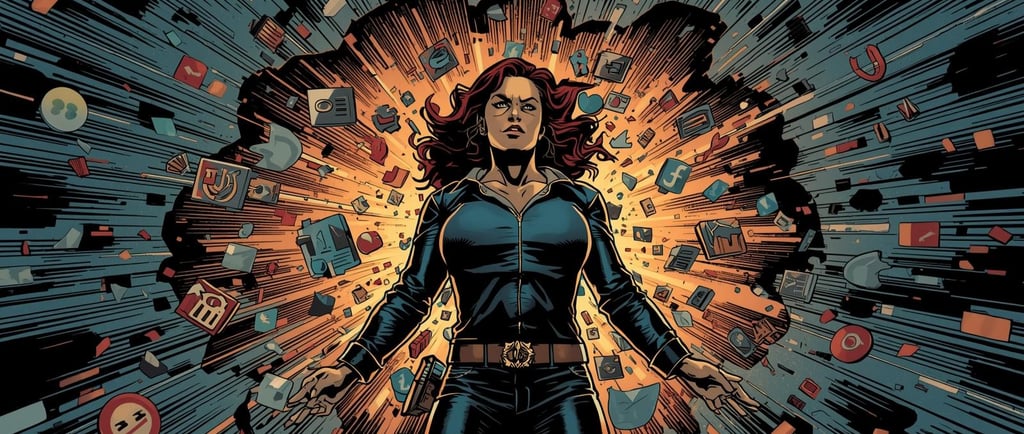A determined woman, depicted in a dynamic, high-action comic book art style, stands at the center of a chaotic, converging st
