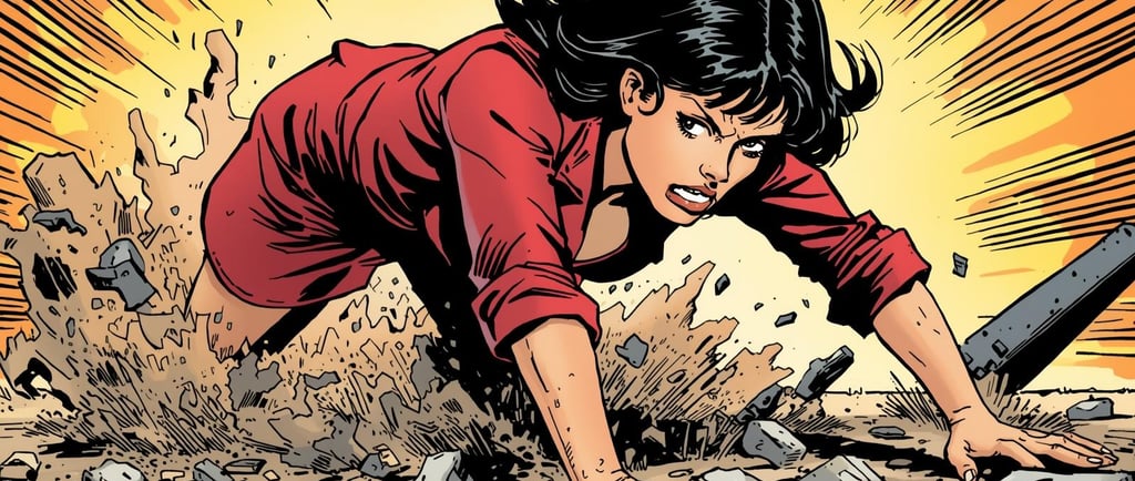 A Caucasian woman, depicted in a classic comic book style with bold linework and vibrant colors, is rising to her feet after