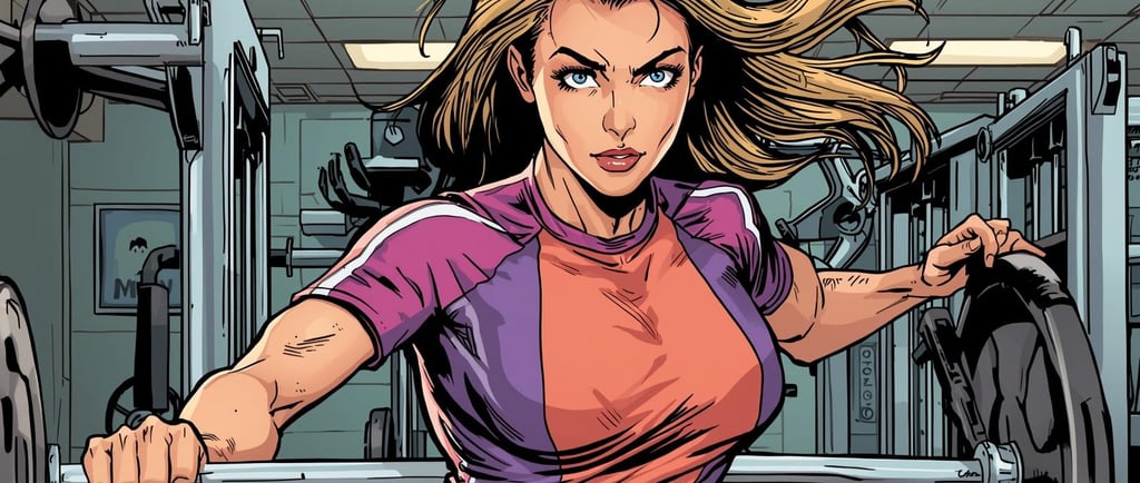 A dynamic comic book style illustration of a woman with athletic build, intensely training in a gym. She is wearing a vibrant