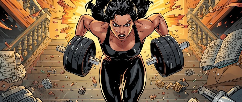 A powerful female hero in dynamic motion, captured mid-action as she runs up a grand staircase, or intensely lifts heavy weig