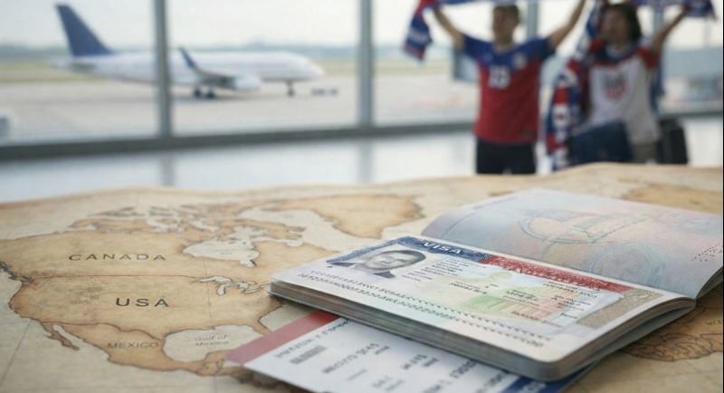 U.S. visa passport placed on a map of North America inside an international airport terminal ahead o