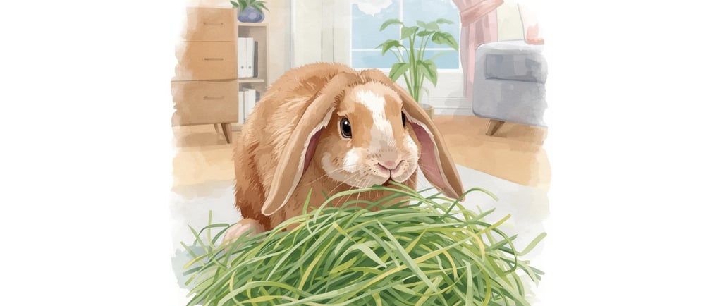 watercolor image of lop-ear rabbit eating hay indoors