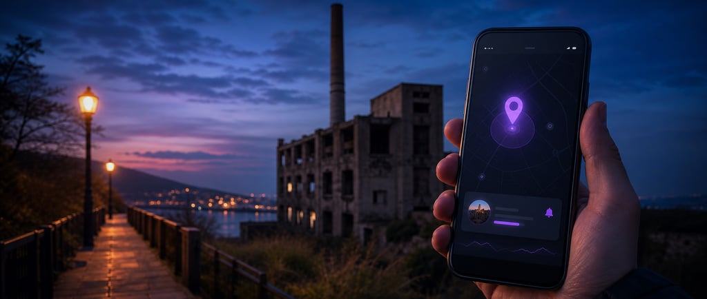 Móvil con un aviso de ubicación cercana frente a un edificio industrial abandonado