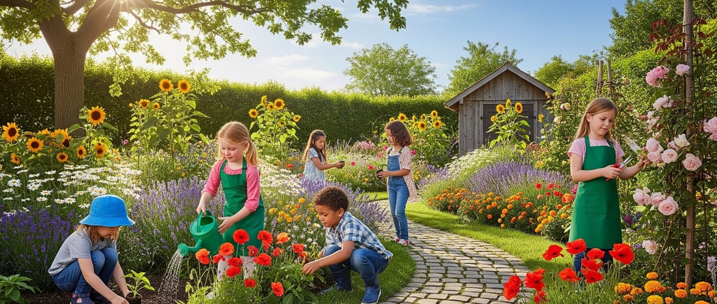 kids gardening in a lovely flower garden