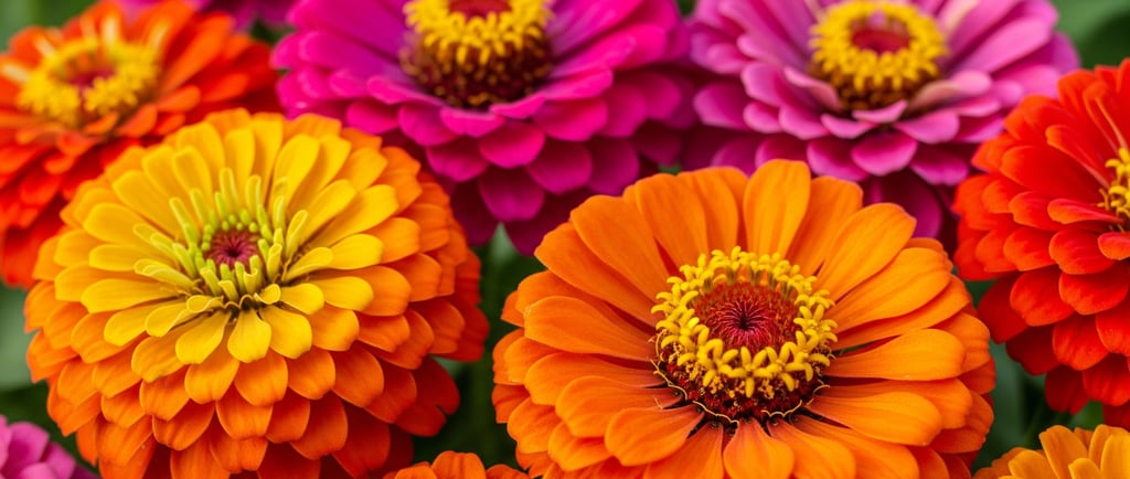 close up of orange and pink big zinnia flowers