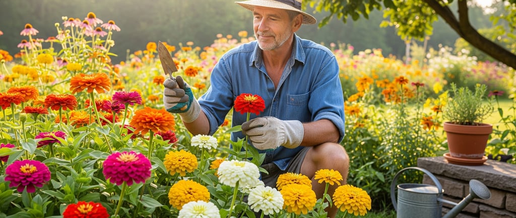 garderner in garden tending to big zinnia flowers