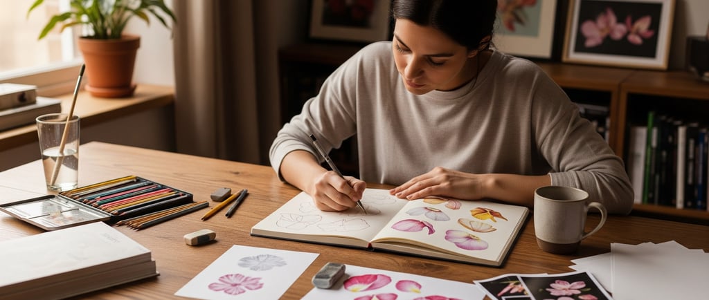 woman sat drawing flowers in sketchbook
