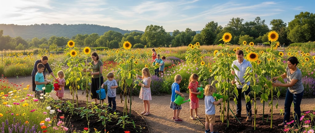 kids outside tending to sunflowers