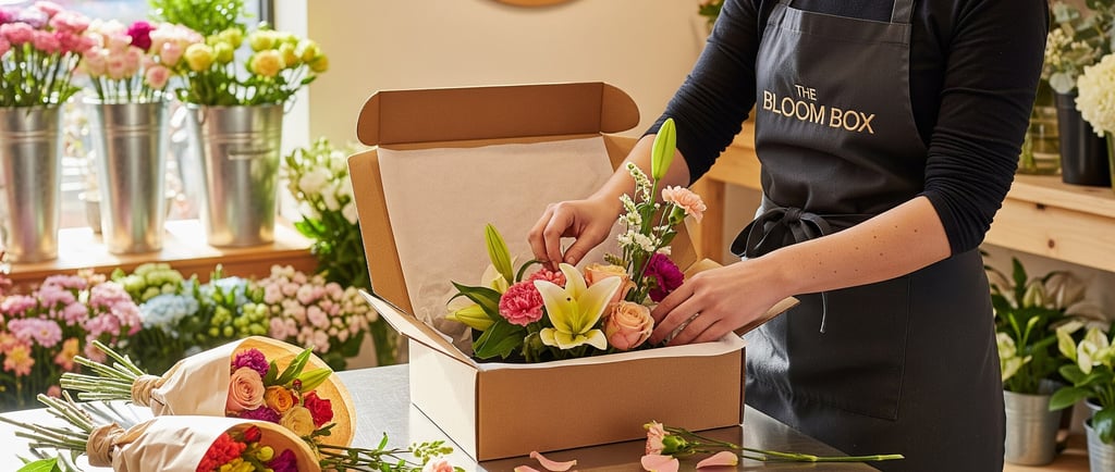woman florist preparing letterbox flowers