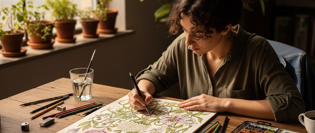 female artist sat drawing complex flower patterns