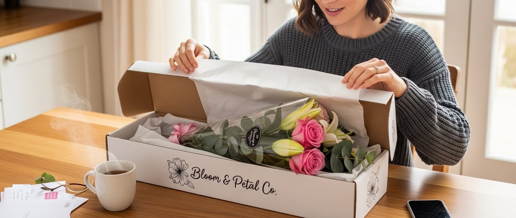 woman opening letterbox flowers and smiling