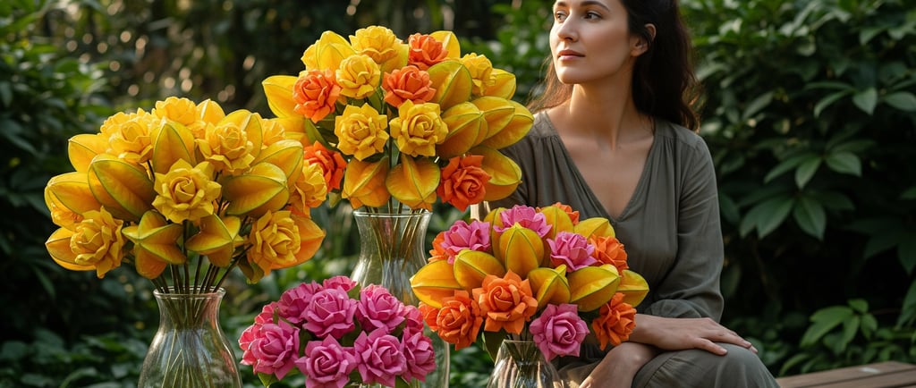 woman sat outside next to bouquets of yellow paper flowers