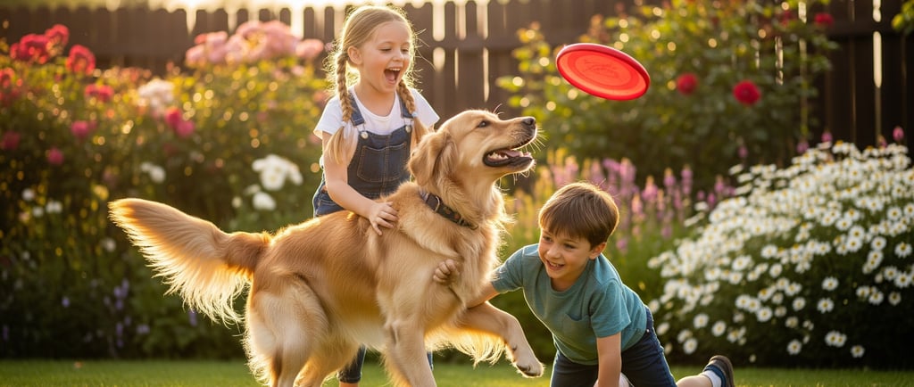 two children and dog playing in garden