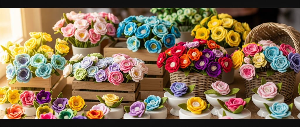 stunning felt flowers in containers displayed on table