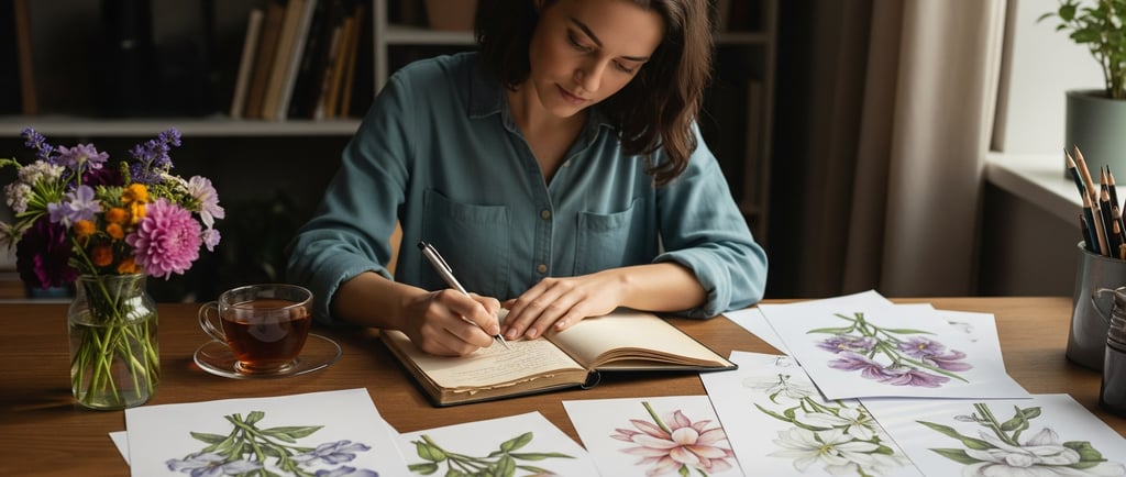 woman writing in notebook nearby are flower drawings