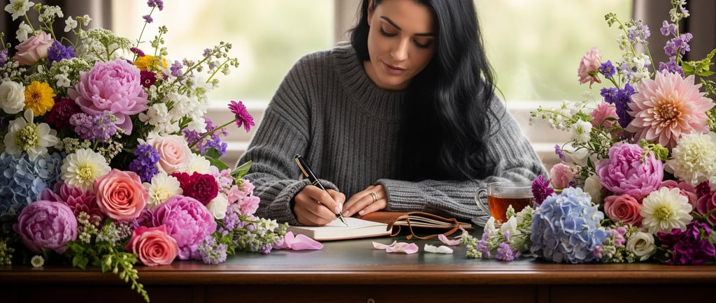 woman writing at desk with bouquets of flowers on table