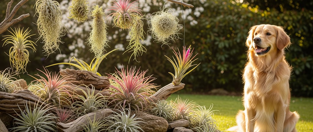 dog sat down looking at air plants in garden