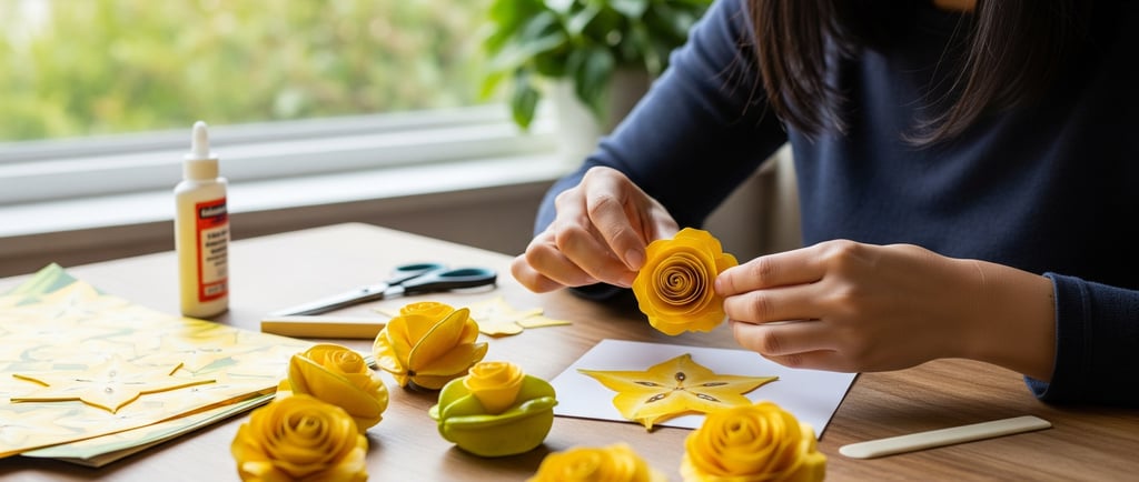 woman sat at table making carambola paper flowers