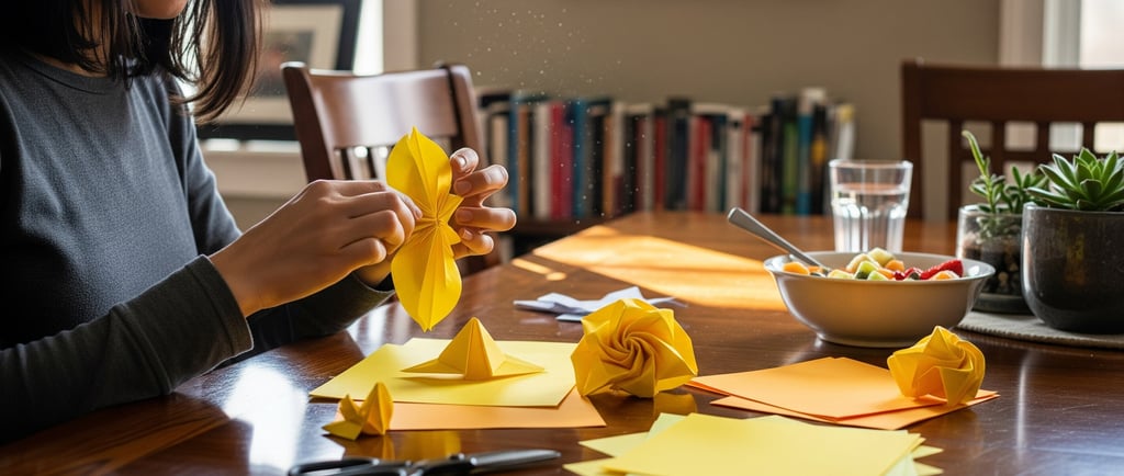 woman at desk making paper flowers