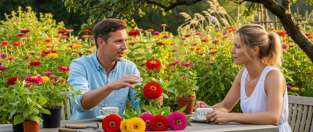 man and woman talking with coffee in flower garden