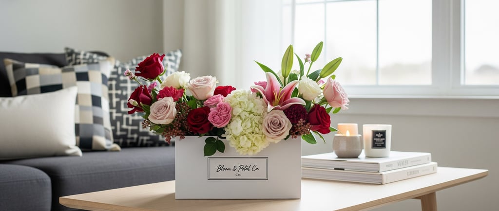 letterbox bouquet of flowers on table in modern home