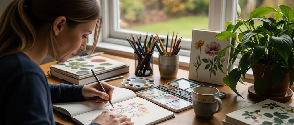 woman sat drawing complex flowers