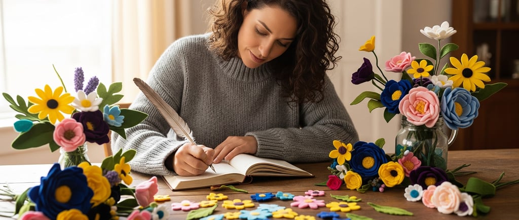 woman at desk writing next to felt flowers