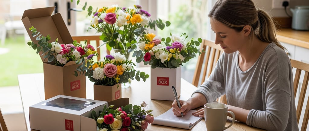 woman sat at desk writing next to letterbox flowers