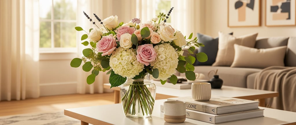 giving the perfect bouquet in glass vase on table