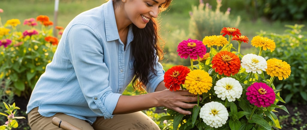 woman smiling as she cares for big zinnia flowers