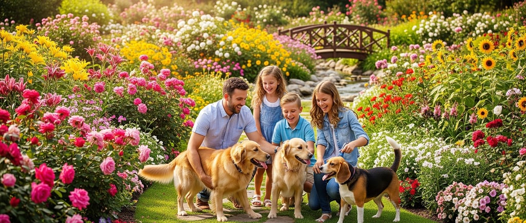 happy family and three dogs in flower garden 