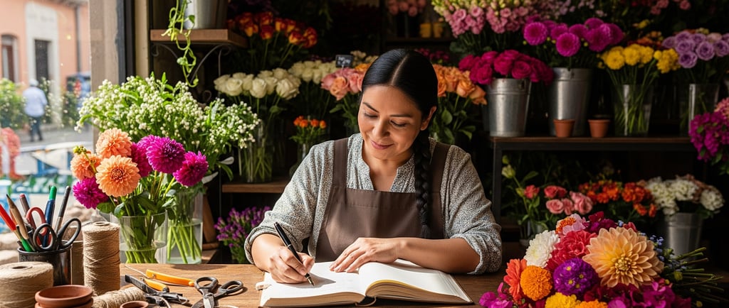 woman florist sat at desk writing