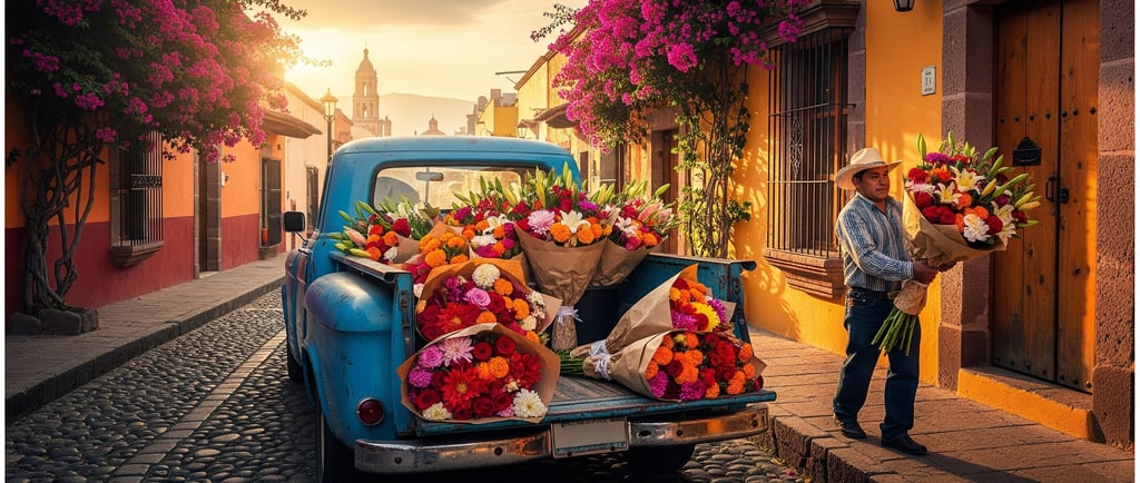 mexican delivery driver carrying flowers