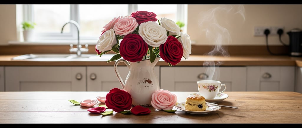 classic felt rose flowers in kitchen display
