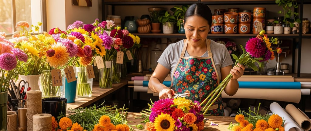 woman florist preparing a flower order