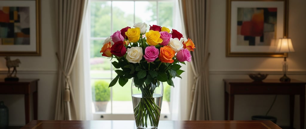 colorful bouquet of flowers in glass  vase on table